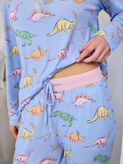 Chelsea Peers Blue Petite Dinosaur Print Long Pyjamas Set - Image 5 of 5