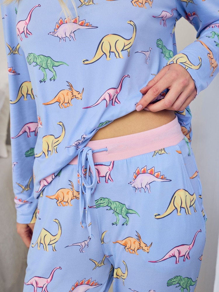 Chelsea Peers Blue Petite Dinosaur Print Long Pyjamas Set - Image 5 of 5 Chelsea Peers Blue Petite Dinosaur Print Long Pyjamas Set - Image 5 of 5