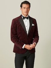 Burgundy Red Floral Slim Printed Velvet Jacket - Image 1 of 11