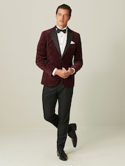 Burgundy Red Floral Slim Printed Velvet Jacket - Image 2 of 11