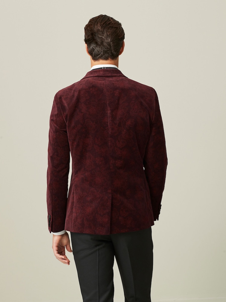 Burgundy Red Floral Slim Printed Velvet Jacket - Image 3 of 11