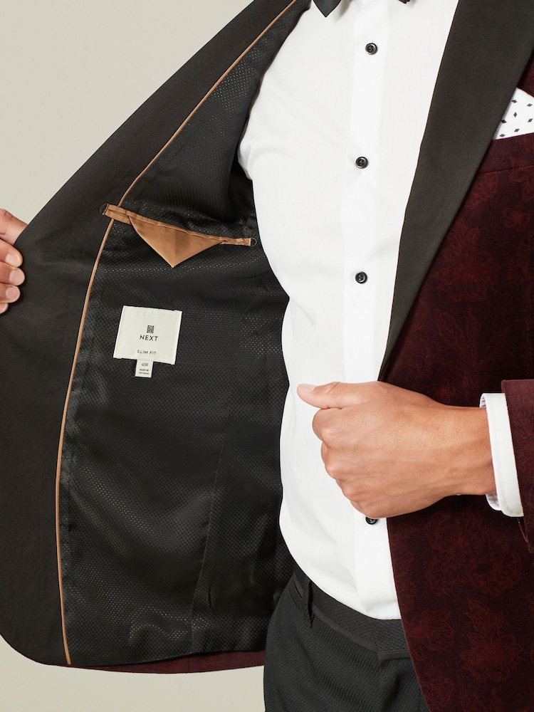 Burgundy Red Floral Slim Printed Velvet Jacket - Image 5 of 11