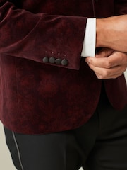 Burgundy Red Floral Slim Printed Velvet Jacket - Image 6 of 11