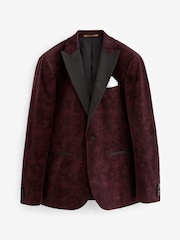 Burgundy Red Floral Slim Printed Velvet Jacket - Image 7 of 11