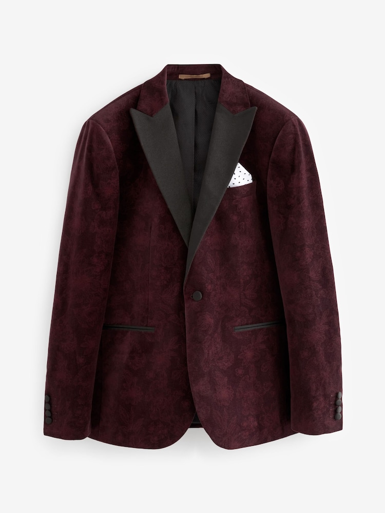 Burgundy Red Floral Slim Printed Velvet Jacket - Image 7 of 11