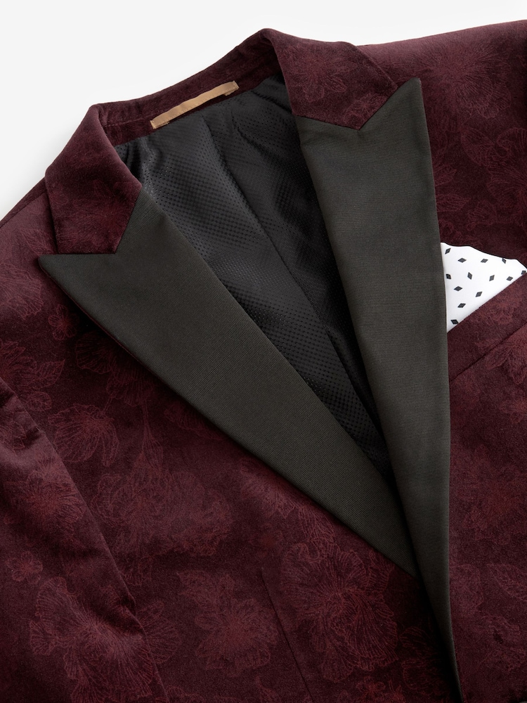 Burgundy Red Floral Slim Printed Velvet Jacket - Image 8 of 11