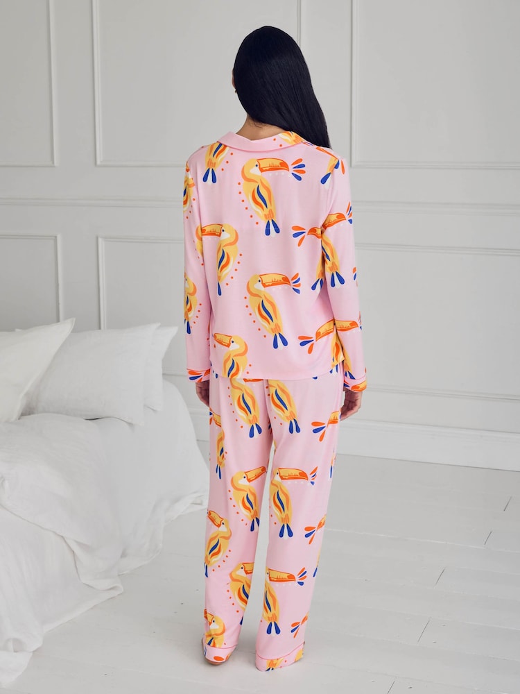 Chelsea Peers Pink Tall Tencel Modal Toucan Print Long Pyjamas Set - Image 2 of 6