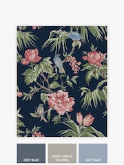 Papel pintado de pájaros y flores en malva - Imagen 3 de 4