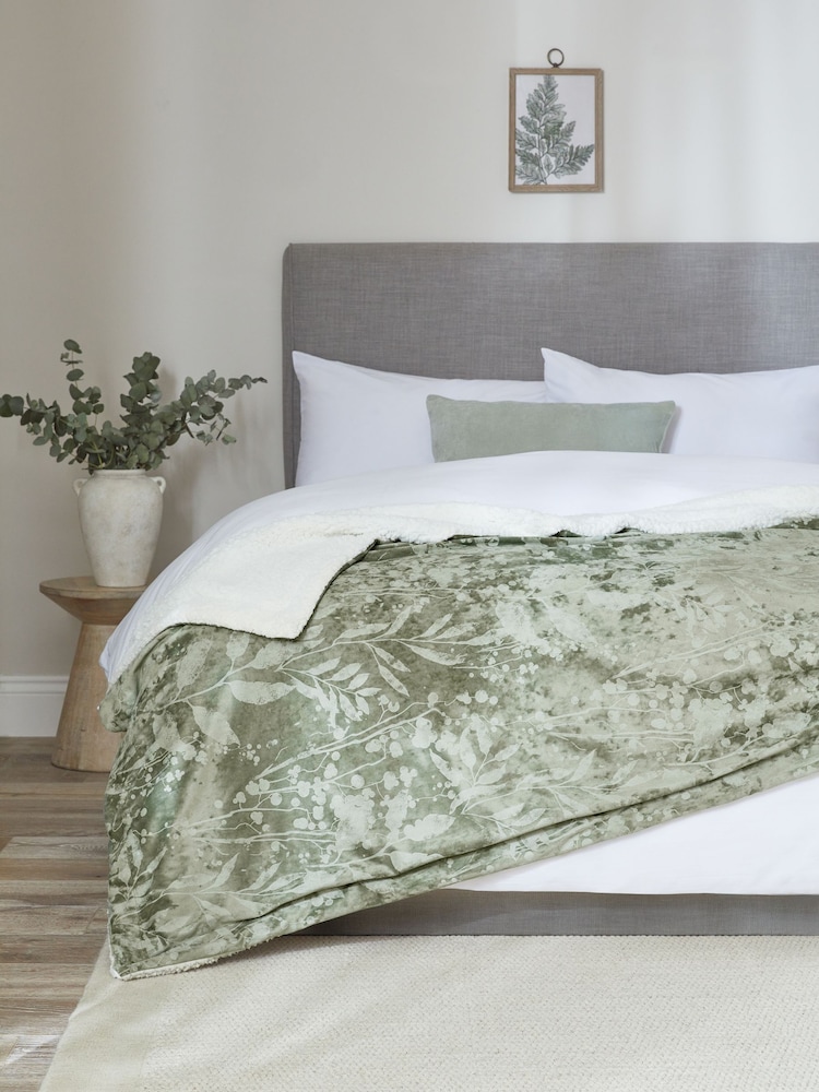 Sage Green Floral Print Sherpa Throw - Image 1 of 4 Sage Green Floral Print Sherpa Throw - Image 1 of 4
