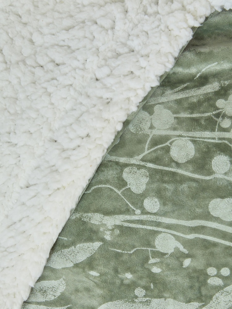 Sage Green Floral Print Sherpa Throw - Image 2 of 4 Sage Green Floral Print Sherpa Throw - Image 2 of 4