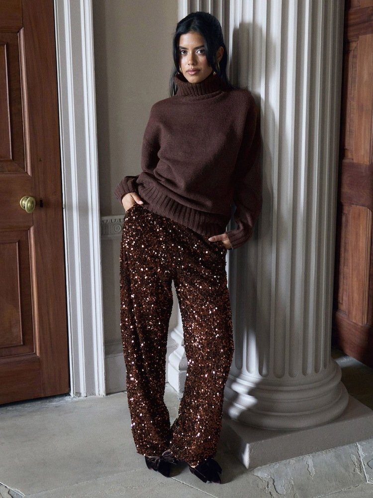 Threadbare Brown Wide Leg Sequin Wide Leg Trousers - Image 1 of 5 Threadbare Brown Wide Leg Sequin Wide Leg Trousers - Image 1 of 5