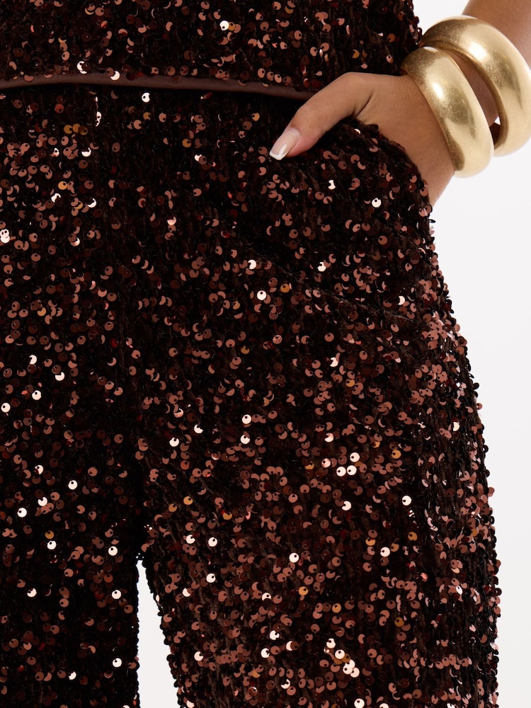 Threadbare Brown Wide Leg Sequin Wide Leg Trousers - Image 5 of 5 Threadbare Brown Wide Leg Sequin Wide Leg Trousers - Image 5 of 5
