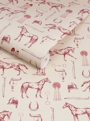 Joules Cream Burgundy Sketched Equestrian Print 10M Wallpaper - Image 3 of 5