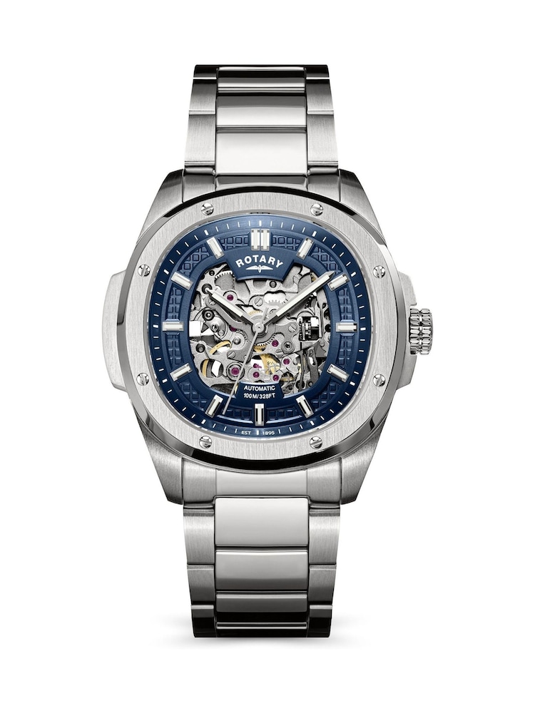 Rotary Silver Mens Apex Automatic Skeleton Blue Dial Stainless Steel Bracelet Watch - Image 2 of 5