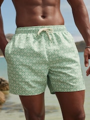 Sage Green Palm Tree Geo Regular Fit Printed Swim Shorts - Image 1 of 12