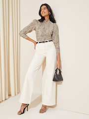 Friends Like These Stone Cream Long Sleeve Textured Jersey High Neck Blouse - Image 2 of 4