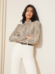 Friends Like These Stone Cream Long Sleeve Textured Jersey High Neck Blouse - Image 3 of 4