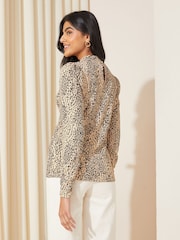 Friends Like These Stone Cream Long Sleeve Textured Jersey High Neck Blouse - Image 4 of 4
