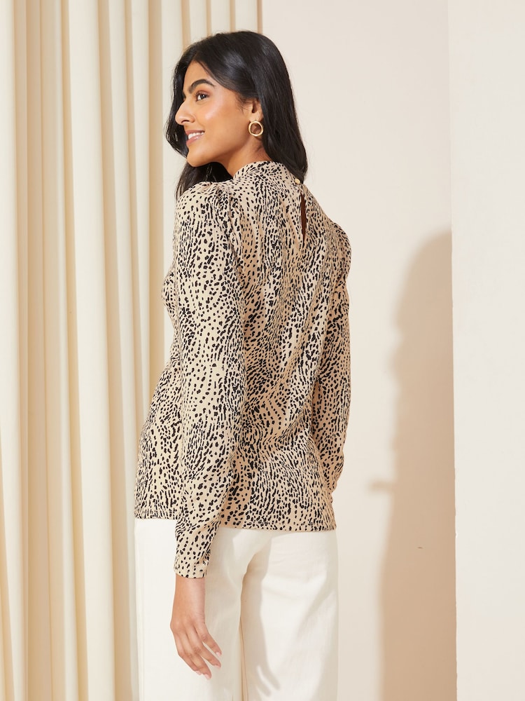 Friends Like These Stone Cream Long Sleeve Textured Jersey High Neck Blouse - Image 4 of 4
