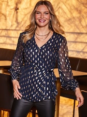 Sosandar Blue Metallic Spot Wrap Top - Image 1 of 4