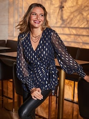Sosandar Blue Metallic Spot Wrap Top - Image 3 of 4