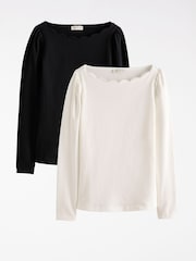 Love & Roses Black and White Scallop Boat Neck Long Sleeve Top - Image 1 of 7