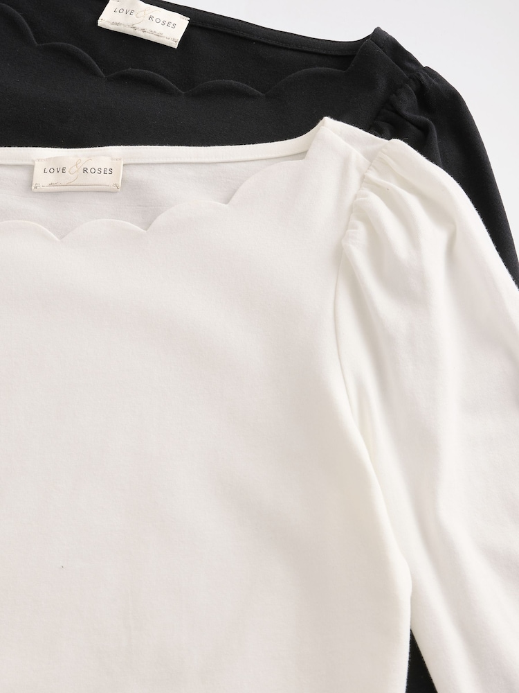 Love & Roses Black and White Scallop Boat Neck Long Sleeve Top - Image 7 of 7