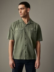 Green Linen Blend Short Sleeve Shirt with Cuban Collar - Image 1 of 8