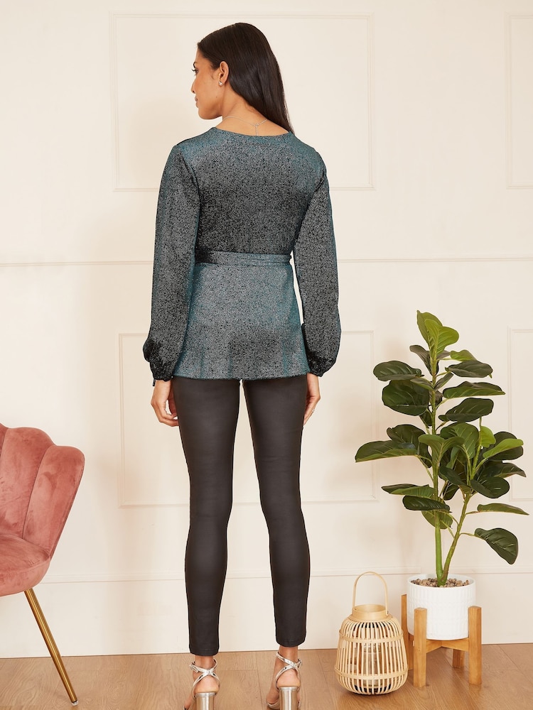 Yumi Green Sparkle Velvet Wrap Top With Long Sleeves - Image 2 of 5