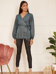 Yumi Green Sparkle Velvet Wrap Top With Long Sleeves - Image 3 of 5
