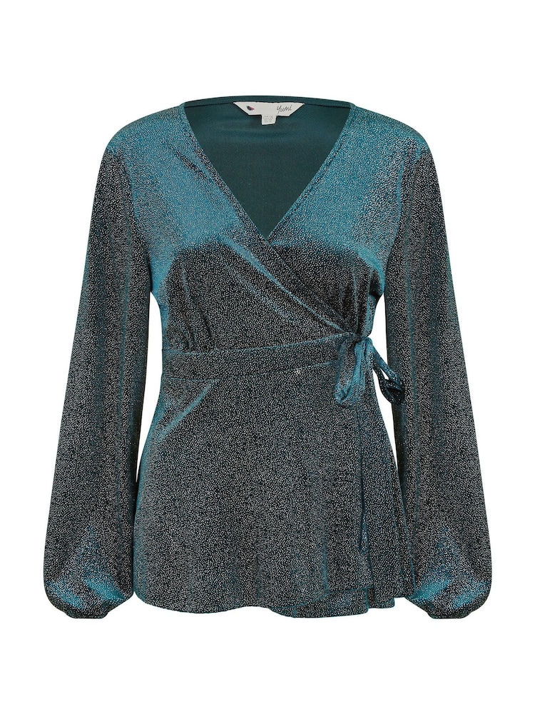 Yumi Green Sparkle Velvet Wrap Top With Long Sleeves - Image 5 of 5