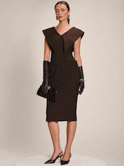 Jolie Moi Brown Statement Collar Hourglass Midi Dress - Image 1 of 6
