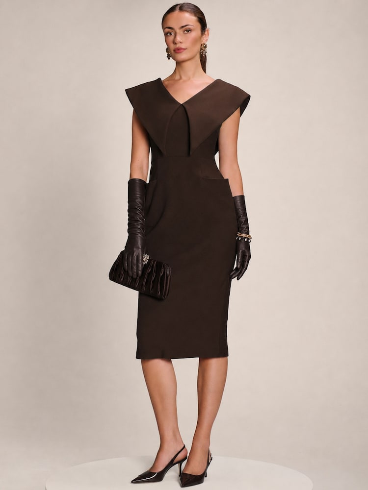 Jolie Moi Brown Statement Collar Hourglass Midi Dress - Image 1 of 6 Jolie Moi Brown Statement Collar Hourglass Midi Dress - Image 1 of 6