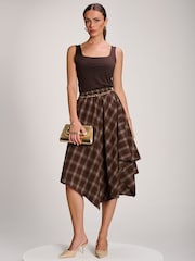 Jolie Moi Brown Check Asymmetric Woven Midi Skirt - Image 1 of 6