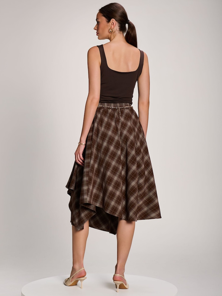 Jolie Moi Brown Check Asymmetric Woven Midi Skirt - Image 2 of 6