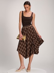 Jolie Moi Brown Check Asymmetric Woven Midi Skirt - Image 3 of 6