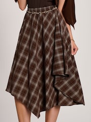 Jolie Moi Brown Check Asymmetric Woven Midi Skirt - Image 4 of 6