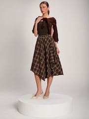 Jolie Moi Brown Check Asymmetric Woven Midi Skirt - Image 5 of 6
