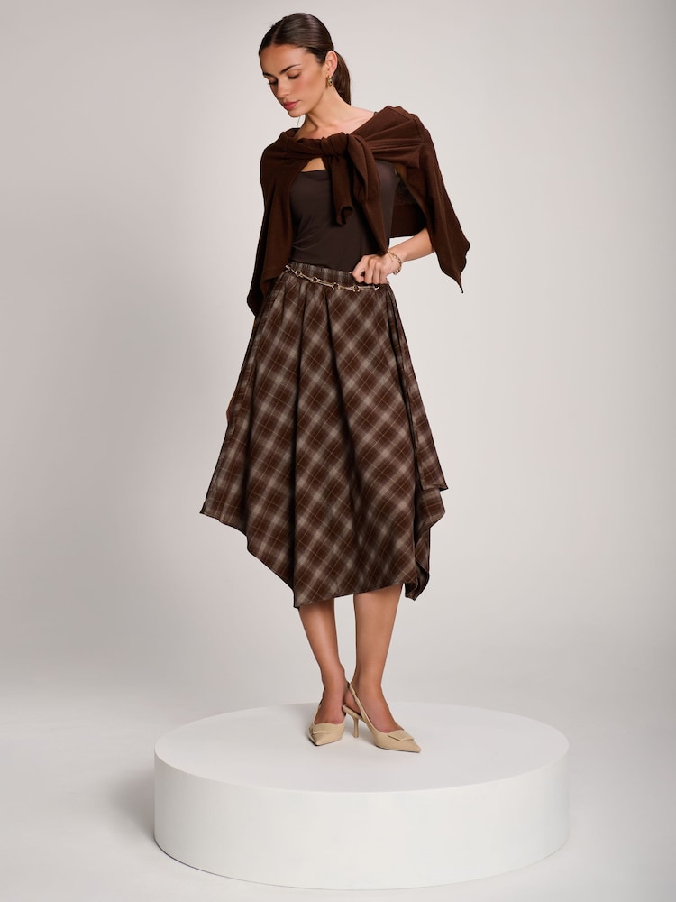 Jolie Moi Brown Check Asymmetric Woven Midi Skirt - Image 6 of 6