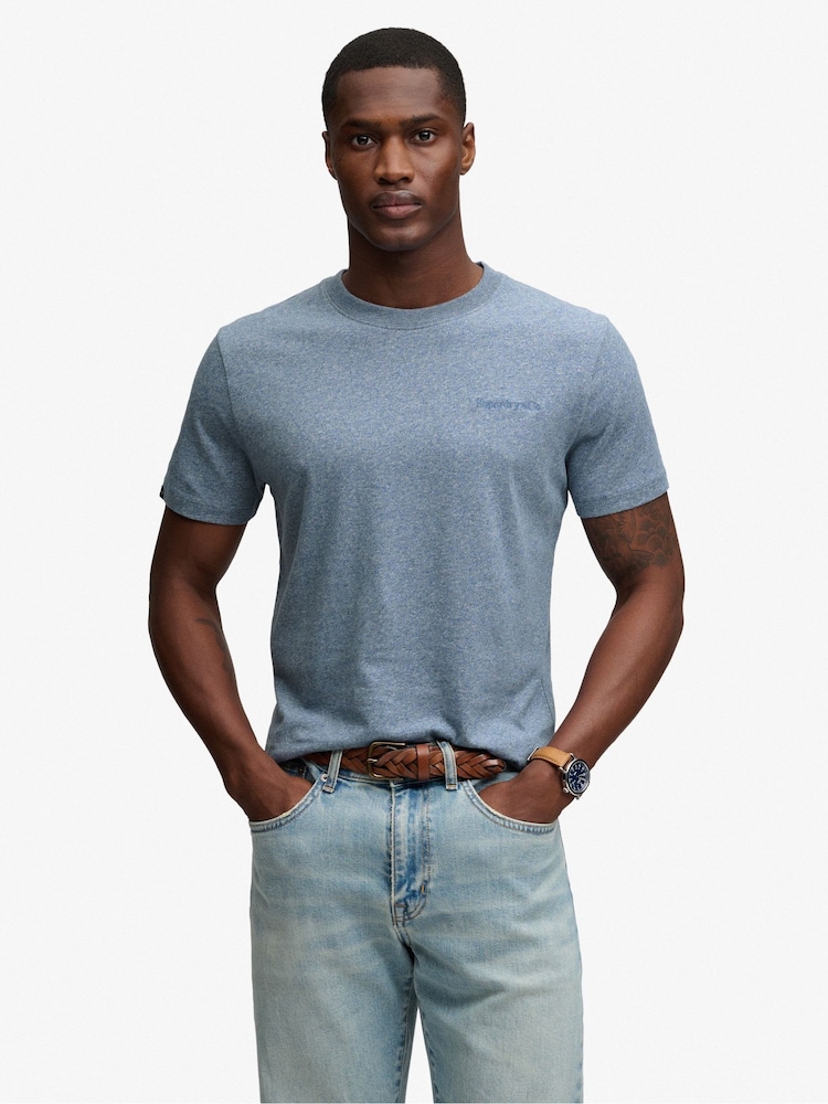 Superdry Blue Essential Company Logo Embroidered T-Shirt - Image 1 of 8 Superdry Blue Essential Company Logo Embroidered T-Shirt - Image 1 of 8