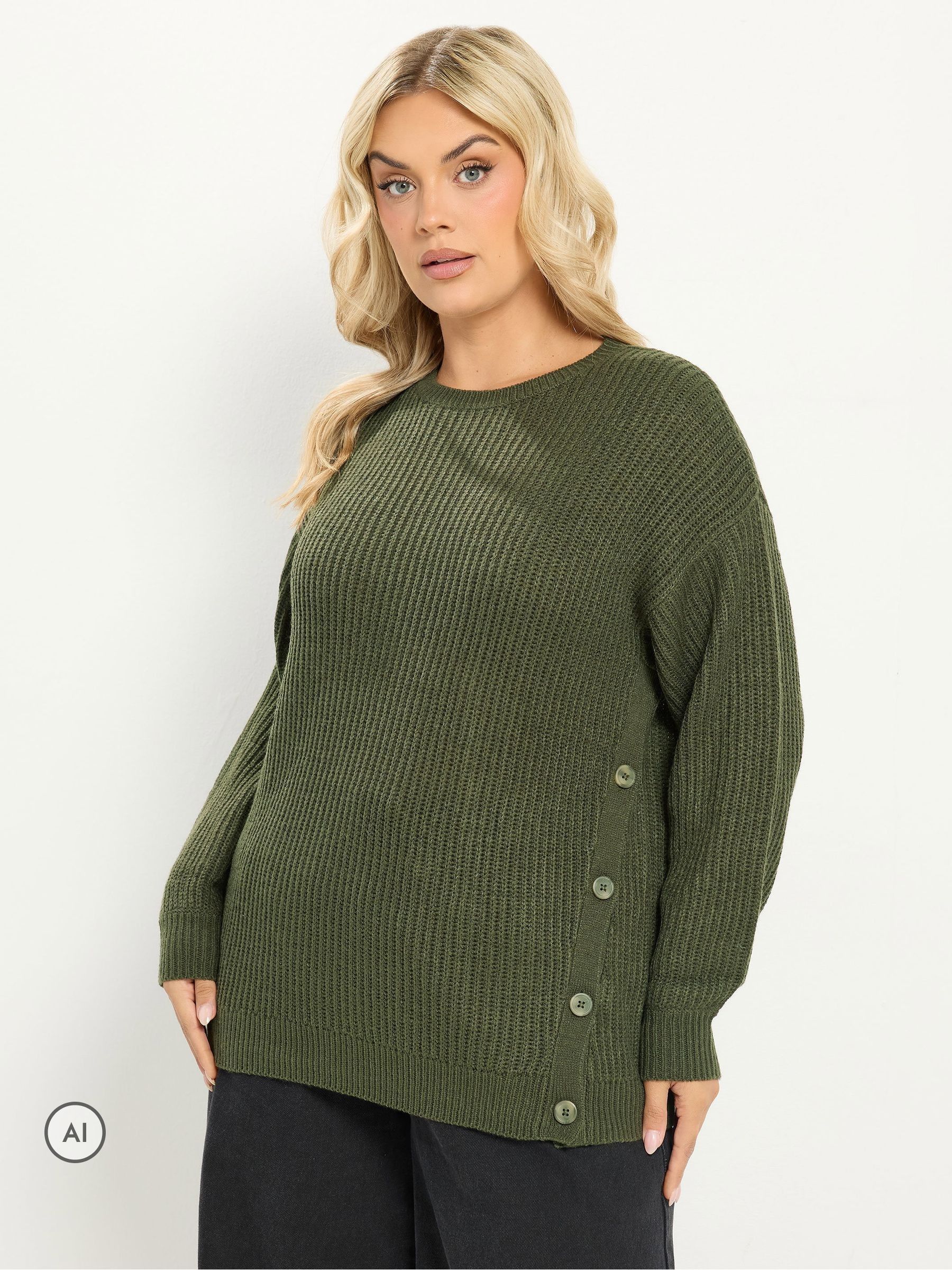 Yours Curve Women's Green Side Button Knitted Jumper - Image 1