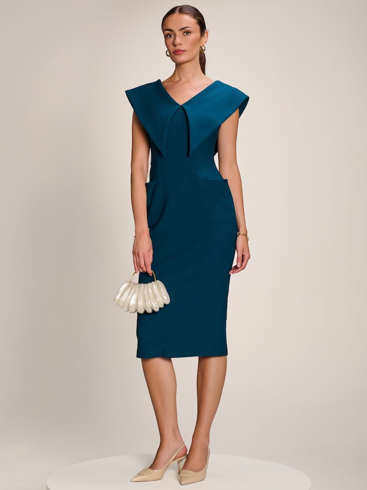 Jolie Moi Blue Statement Collar Hourglass Midi Dress - Image 1 of 6