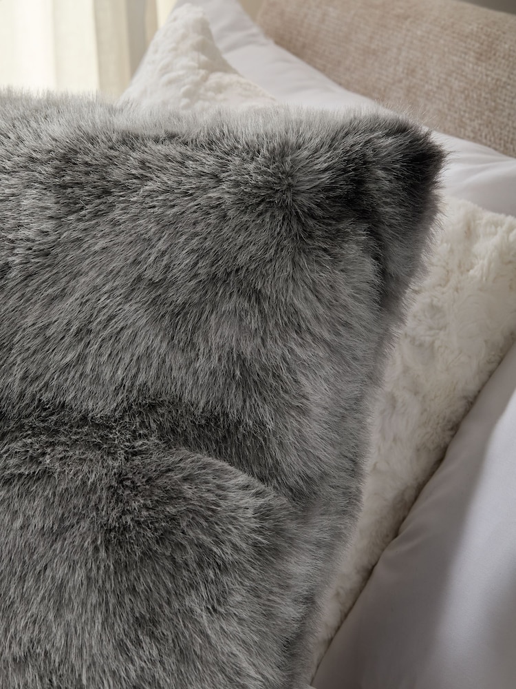 Charcoal Grey 59 x 59cm Loulou Faux Fur Cushion - Image 2 of 5