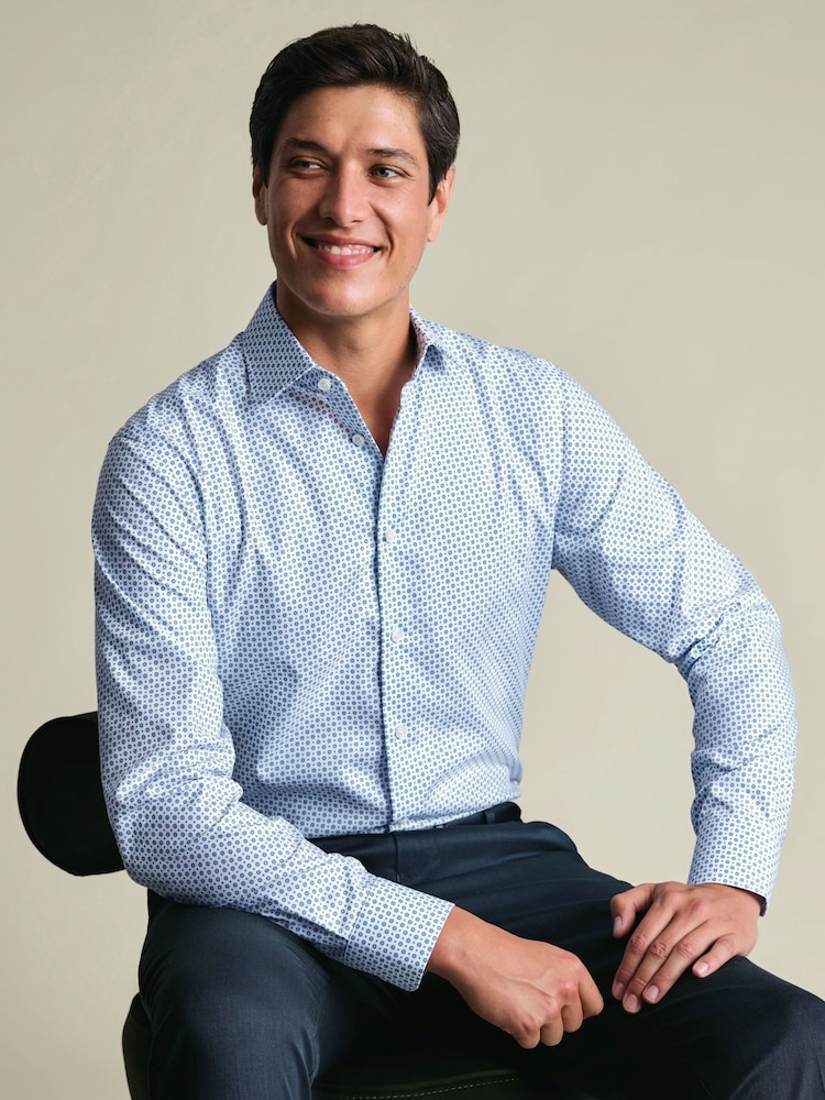 Charles Tyrwhitt Blue Non-Iron Stretch Geometric Print Shirt - Image 2 of 7 Charles Tyrwhitt Blue Non-Iron Stretch Geometric Print Shirt - Image 2 of 7