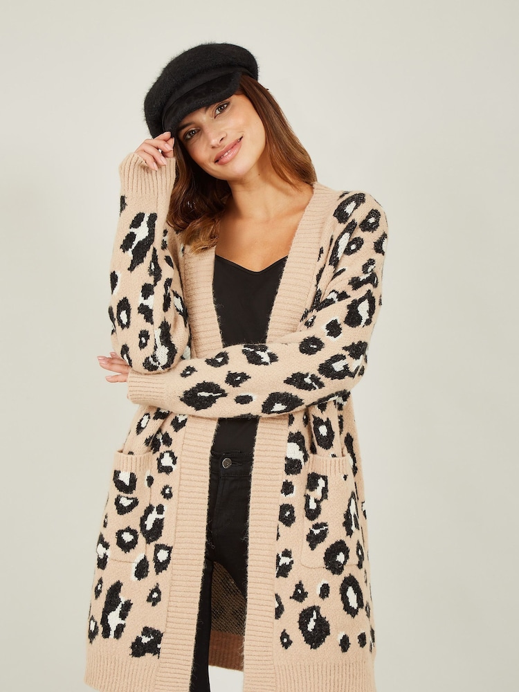 Yumi Black Long Animal Print Intarsia Knit Cardigan - Image 1 of 4