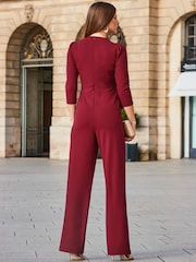 Sosandar Red Faux Wrap Chain Detail Wide Leg Jumpsuit - Image 2 of 5