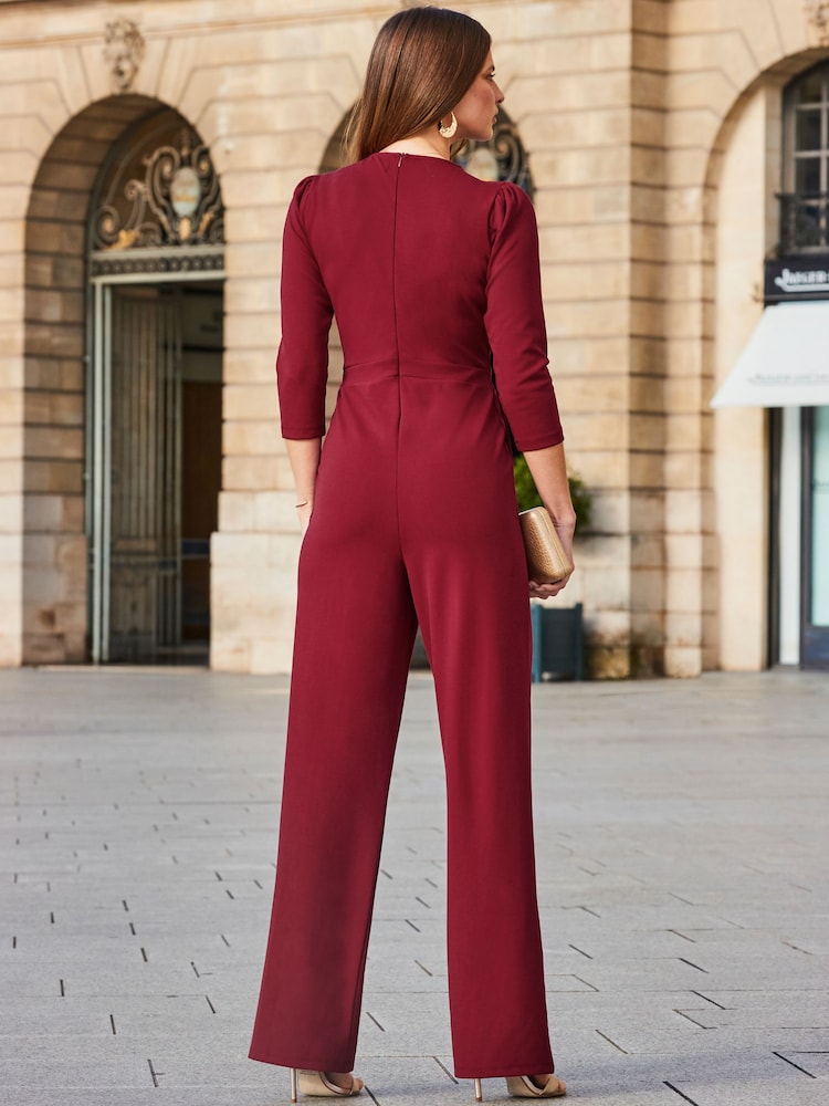 Sosandar Red Faux Wrap Chain Detail Wide Leg Jumpsuit - Image 2 of 5