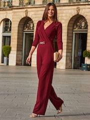 Sosandar Red Faux Wrap Chain Detail Wide Leg Jumpsuit - Image 3 of 5