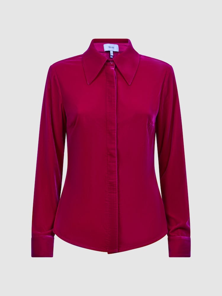 Reiss Pink Carly Velvet Button-Through Shirt - Image 2 of 5