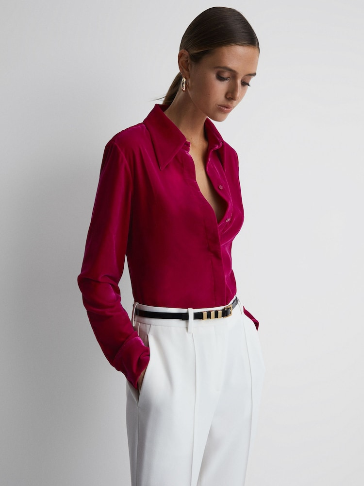 Reiss Pink Carly Velvet Button-Through Shirt - Image 5 of 5